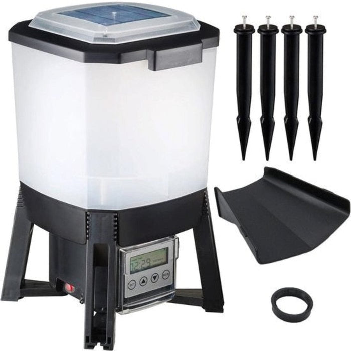 FOUDEBASSIN.COM Distributeur automatique de nourriture pour poissons - énergie solaire (batterie 2200 mAh), réservoir 6 l, taille aliments 3-10 mm, intervalle d'alimentation : 1 à 6 ration(s)/jour avec réglage jusqu'à 20 sec., distribution nourriture horizontale à 120? a 8711465561006 1356100