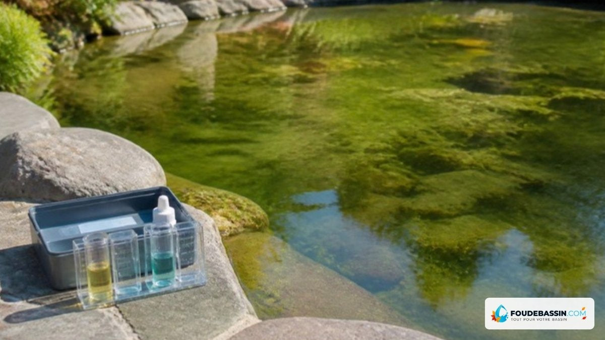 Test des phosphates au bord d'un étang envahi par les algues