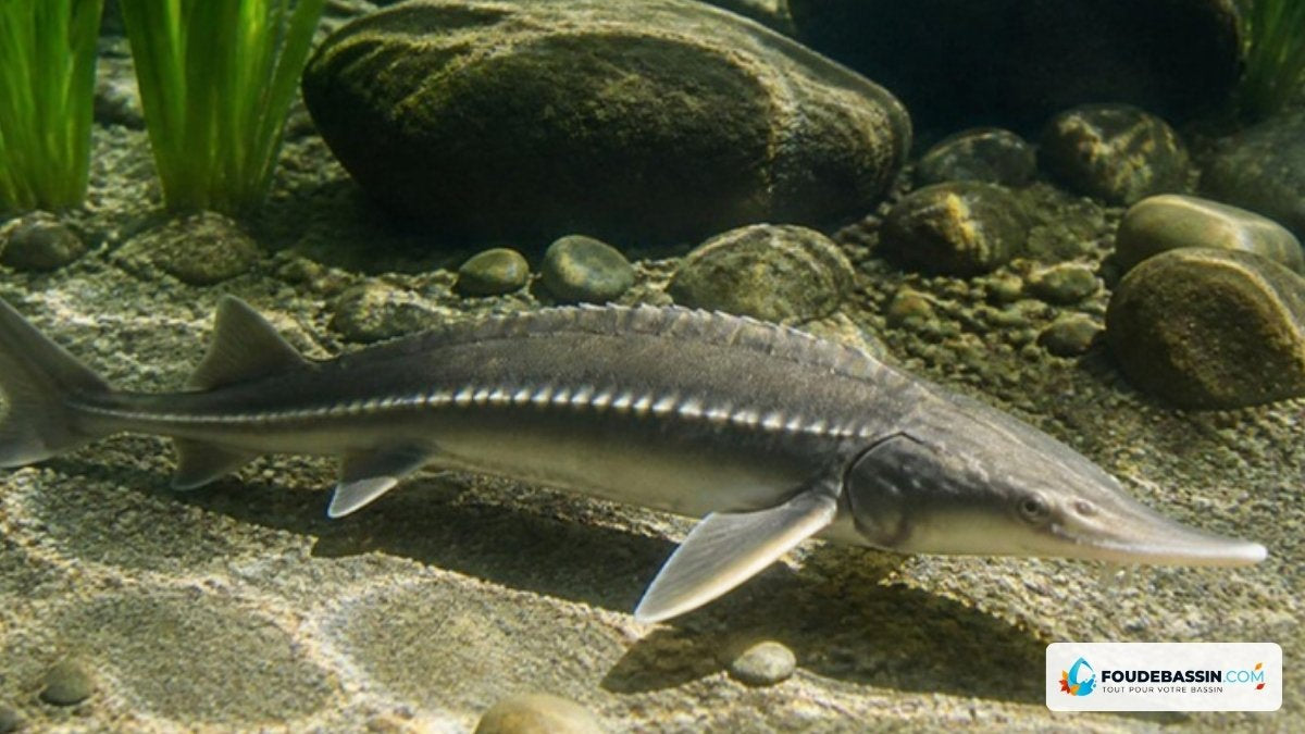 Esturgeon sterlet nageant au fond d'un bassin de jardin