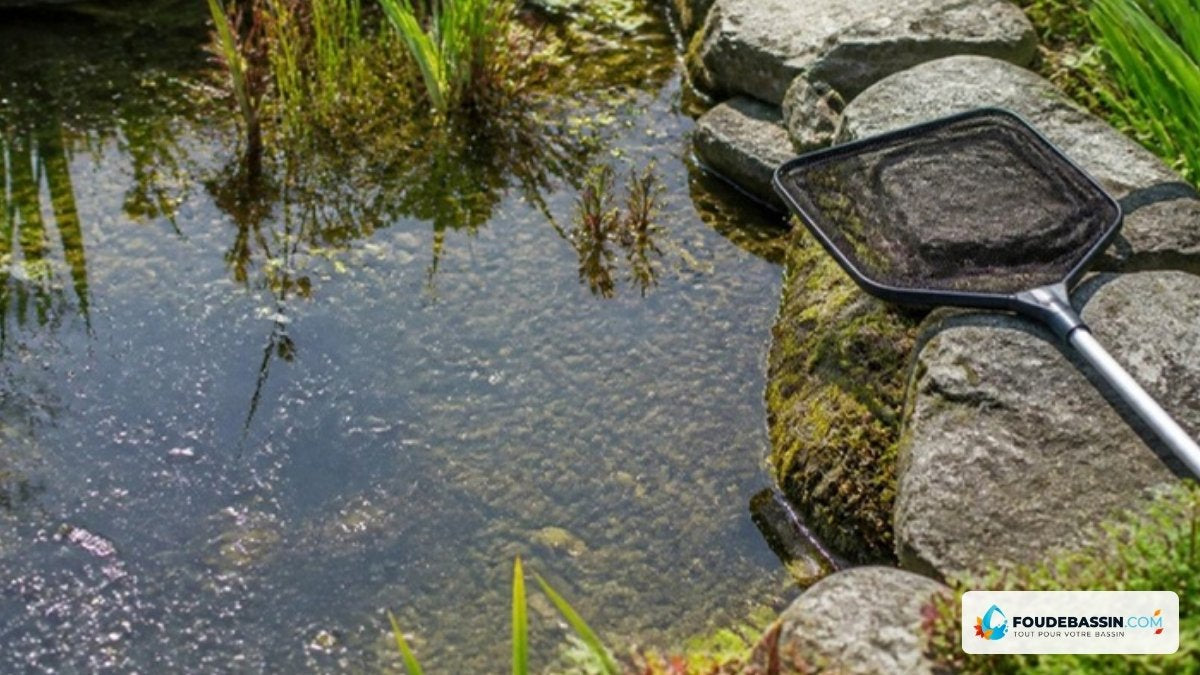 Nettoyage d'un bassin de jardin avec une épuisette à mailles fines – Foudebassin