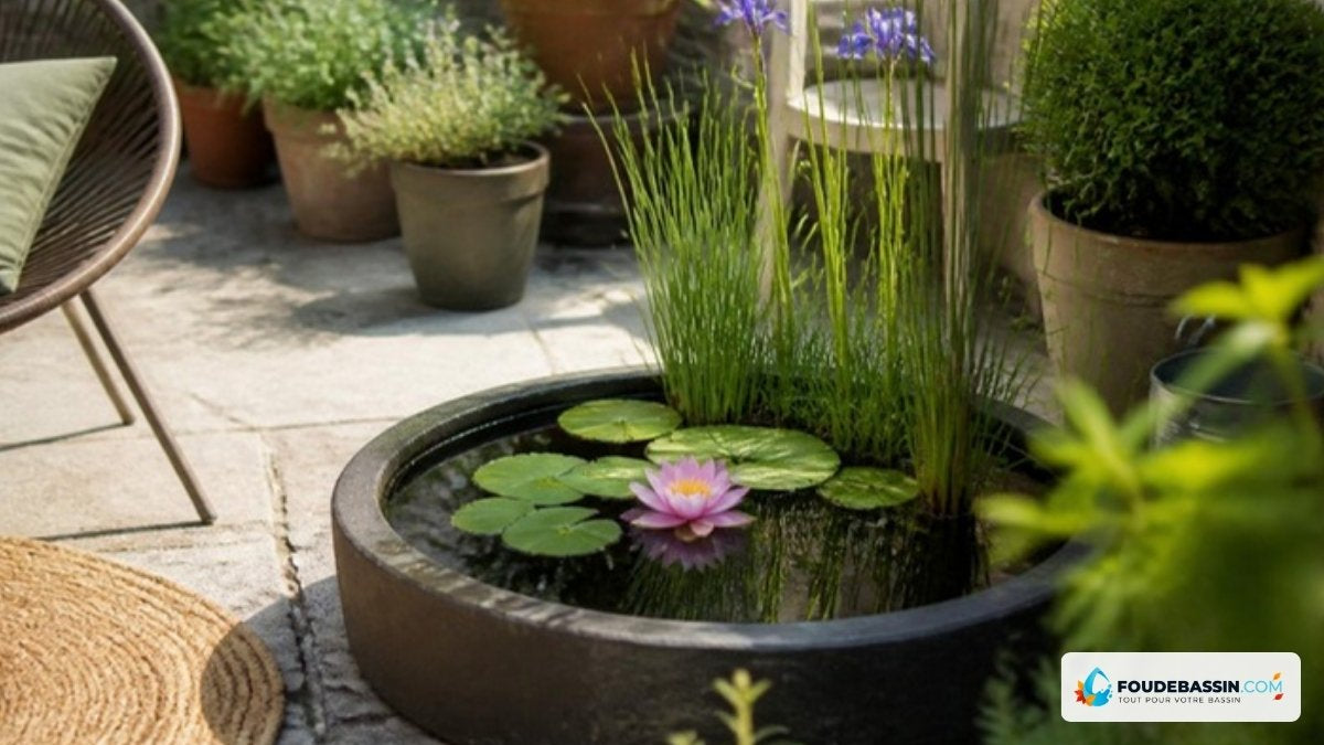 Petit bassin de terrasse planté d'un nénuphar nain et d'iris – Foudebassin
