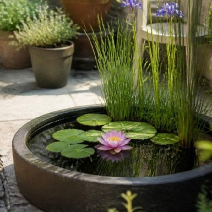 Petit bassin de terrasse planté d'un nénuphar nain et d'iris – Foudebassin
