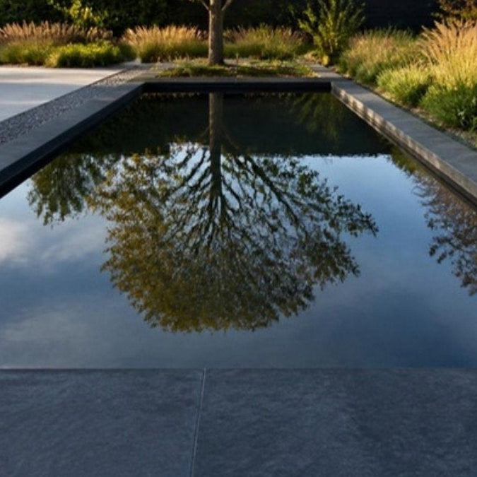Miroir d'eau contemporain reflétant un arbre – Foudebassin