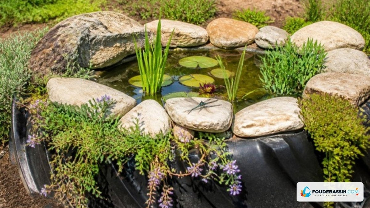 Mini-bassin dans un pneu agricole, planté et habillé de pierres – Foudebassin