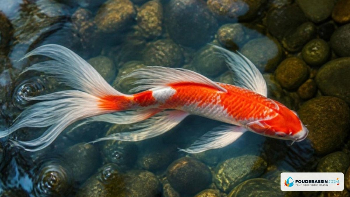 Carpe koï voilée aux longues nageoires dans un bassin