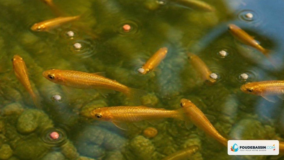 Vairons dorés mangeant des granulés à la surface du bassin