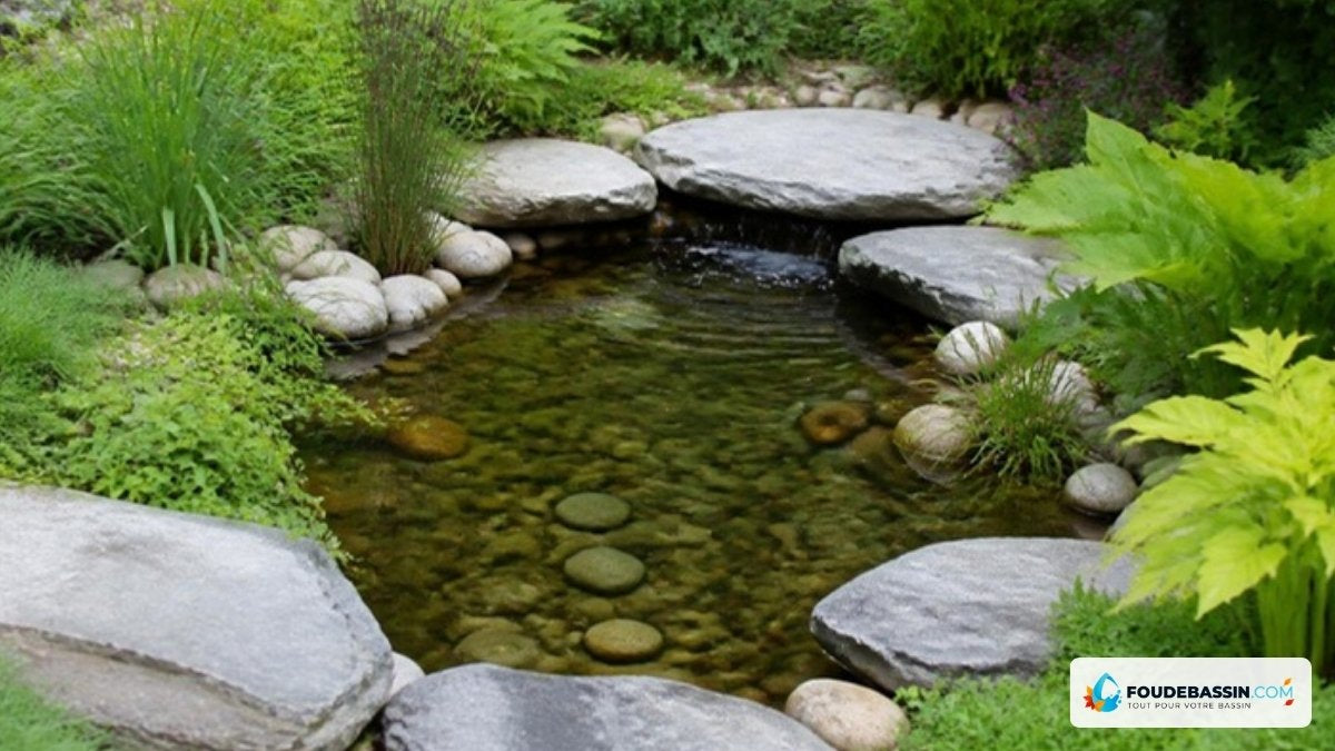 Bassin préformé aux bords cachés par des pierres et des plantes – Foudebassin
