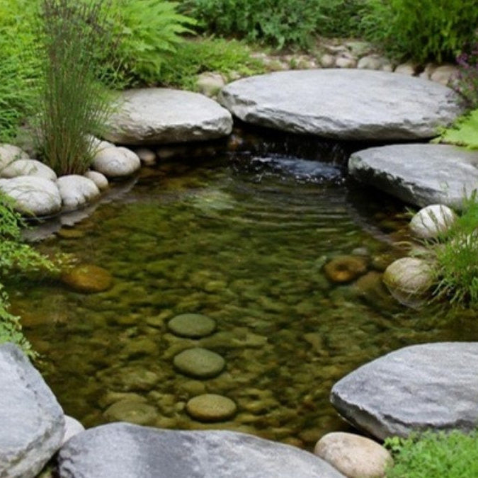 Bassin préformé aux bords cachés par des pierres et des plantes – Foudebassin