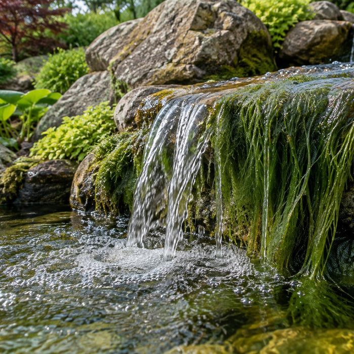 Algues filamenteuses dans le bassin et la cascade : que faire — illustration d’un bassin de jardin au Portugal