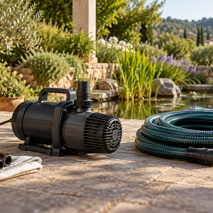 Pompe de bassin en panne ou débit trop faible : les vérifications utiles — illustration d’un bassin de jardin au Portugal