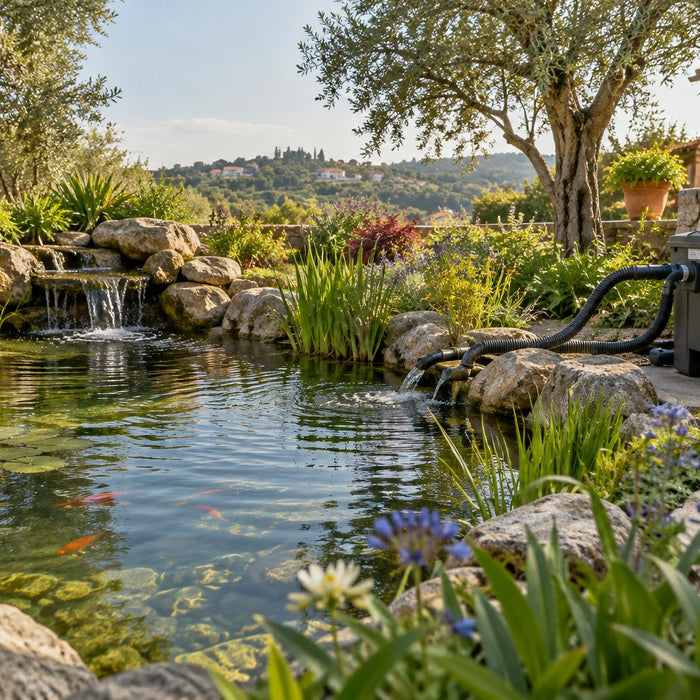 Filtre de bassin toujours bouché : comment réduire l’entretien — illustration d’un bassin de jardin au Portugal