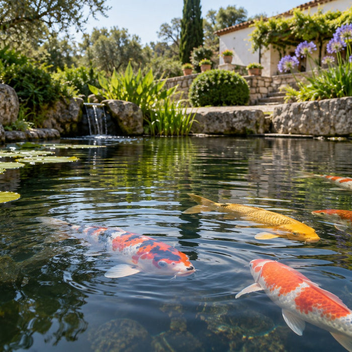 Bassin qui sent mauvais ou poissons en surface : que vérifier — illustration d’un bassin de jardin au Portugal