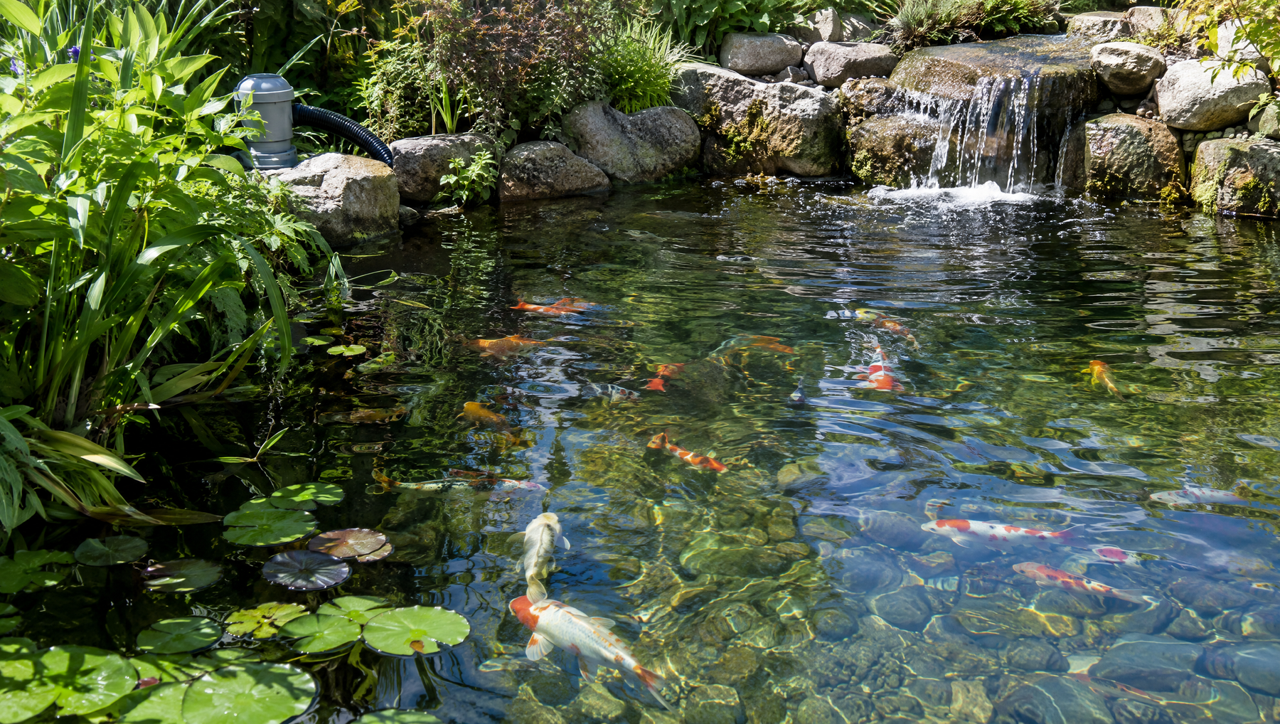 Lampe UV bassin : bassin de jardin à l'eau claire avec carpes koï et clarificateur UV-C au bord
