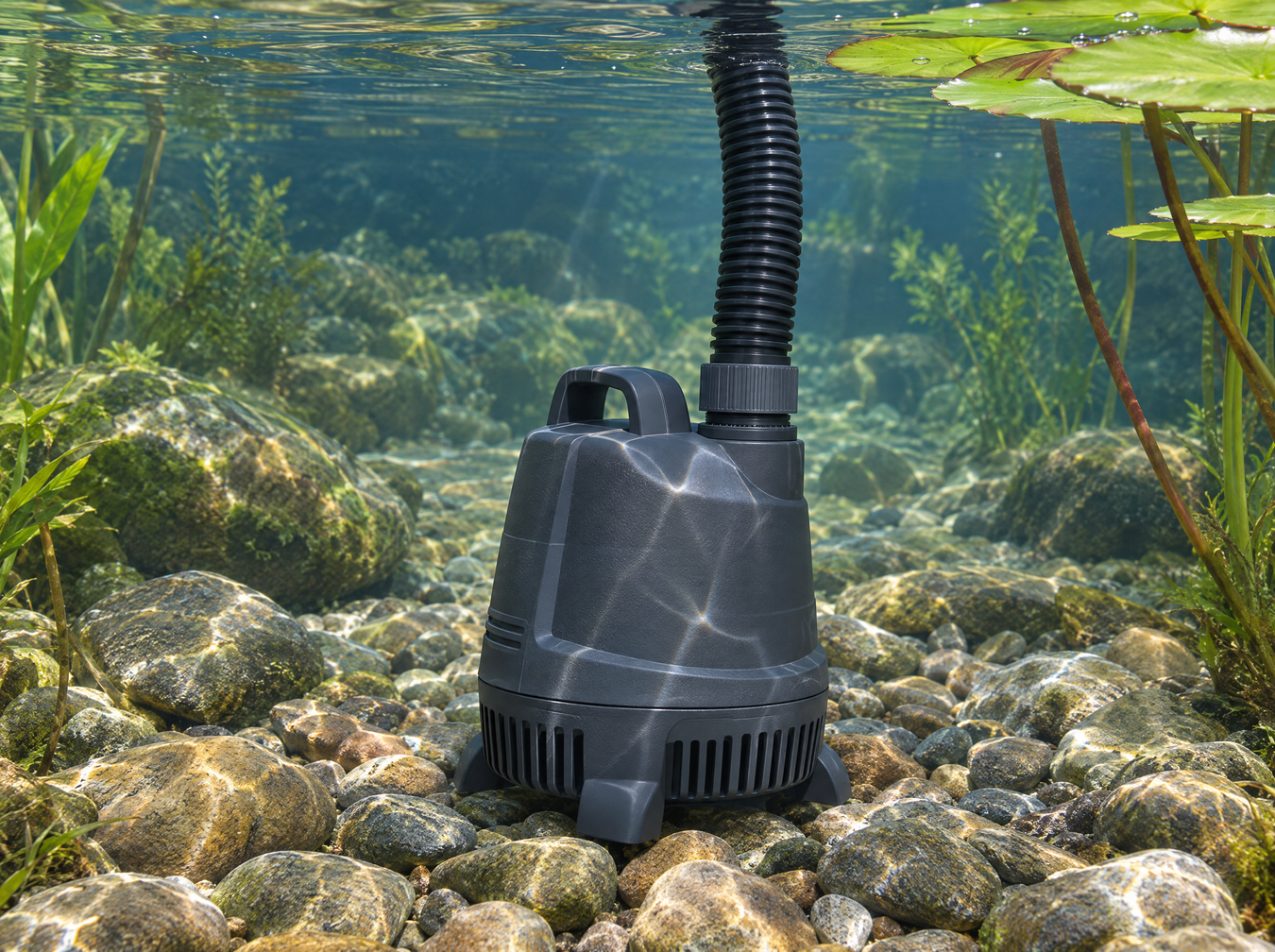 Pompe de bassin immergée au fond d'un bassin à l'eau claire