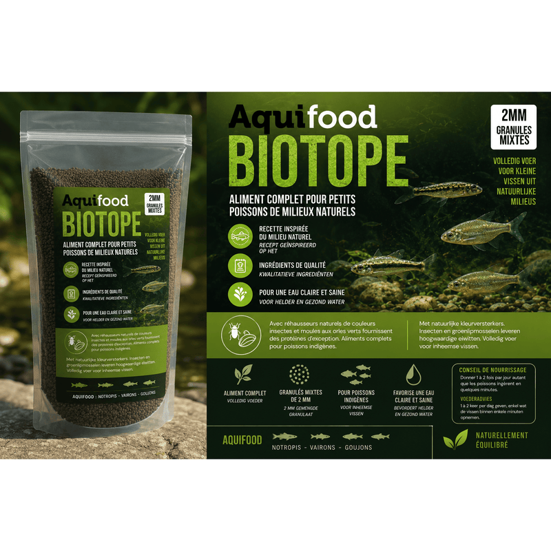 Aquifood Aquifood Biotope - Nourriture pour poissons indigènes & petits poissons - 600G - Vairons, Notropis, Goujons, ...