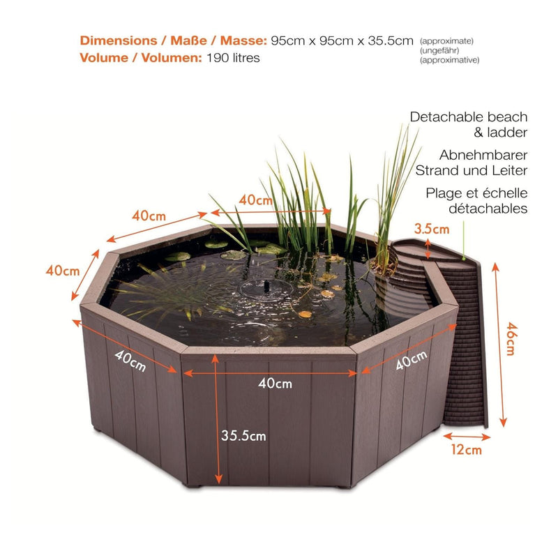 Aquigarden Bassins préformés Bassin hors sol de 190L - Kit complet avec jet d'eau solaire & bac de plante + échelle à grenouille - Aquigarden 5015368111416 5015368111416