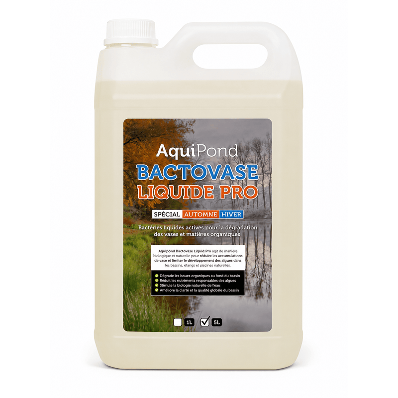 Aquipond Bactéries pour bassin 5L - Traite 100m³ Aquipond Bactovase Liquide - Bactéries d'automne contre la vase et les algues BACTOVASELIQVAS05