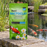 Mise en scène illustrative du sachet Aquipond BactoClay 2 kg au bord d’un bassin de koïs