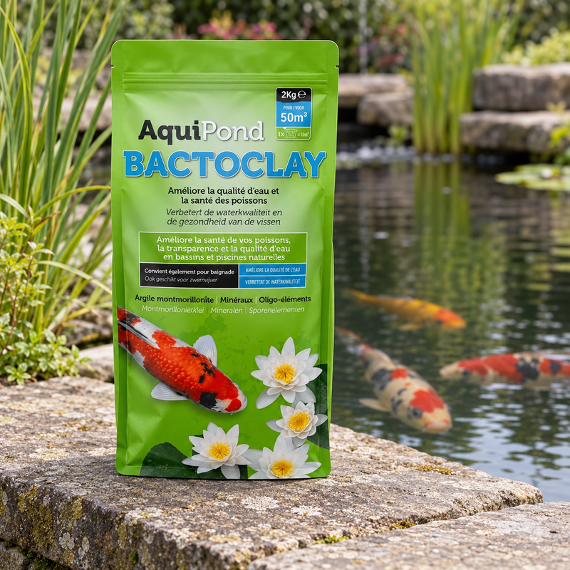 Mise en scène illustrative du sachet Aquipond BactoClay 2 kg au bord d’un bassin de koïs