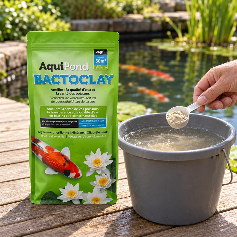 Mise en scène illustrative de la préparation de BactoClay dans un seau avant application