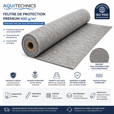 Feutre Aquitechnics Premium 400G/M² (vendu par m²) - Feutre de protection pour étang (Feutrine pour bâche en EPDM ou en PVC) - Largeur 2M