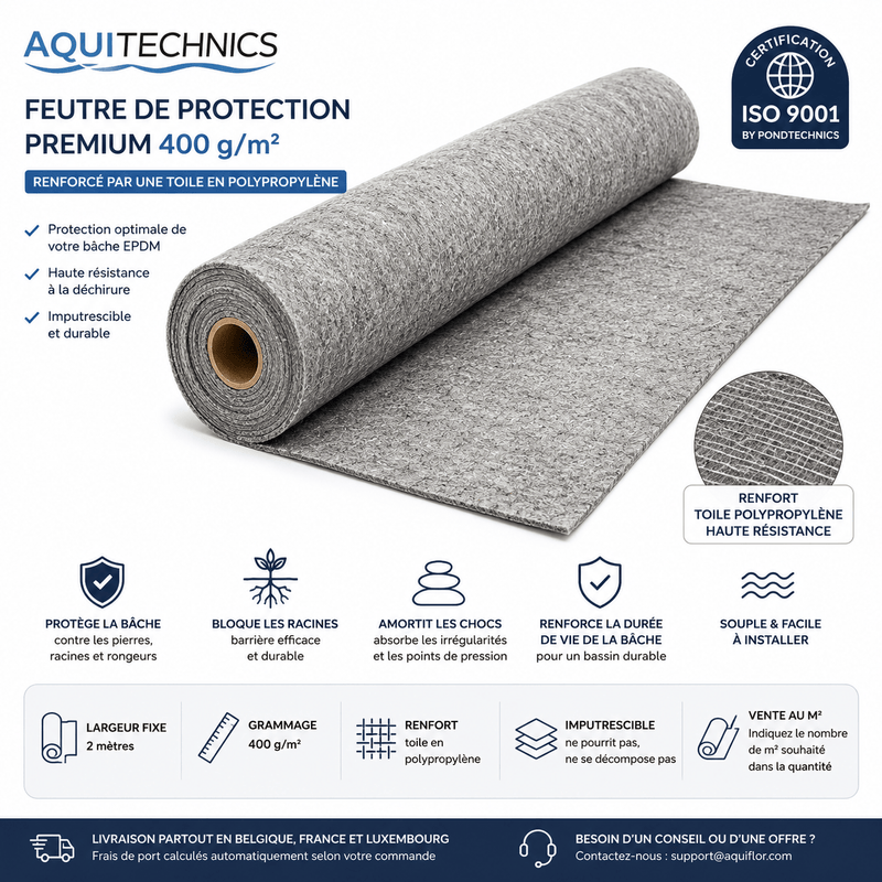 Aquitechnics Feutre Feutre Aquitechnics Premium 400G/M² (vendu par m²) - Feutre de protection pour étang (Feutrine pour bâche en EPDM ou en PVC) - Largeur 2M