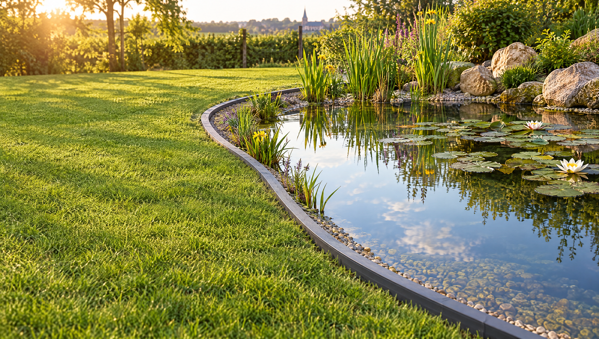 Bassin de jardin bordé d'une bordure Ecolat grise, bâche cachée sous le gravier