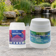 Mise en scène illustrative — Biobooster ❤️ Bactogen — Deux produits du pack, conditionnements indiqués sur les étiquettes