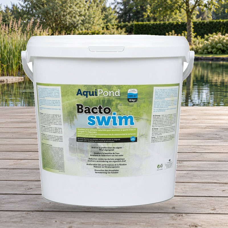 Mise en scène illustrative — Aquipond BactoSwim Bactéries pour Piscine Naturelle – 10 Kg – Favorise un environnement équilibré pour limiter naturellement la présence d’algues et de vase – Convient aux piscines de 50 à 100 m²