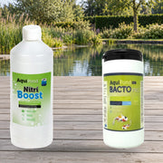 Mise en scène illustrative — Aquipond Starter Pack (Nitriboost & Bacto Maintenance) — Deux produits du pack, conditionnements indiqués sur les étiquettes