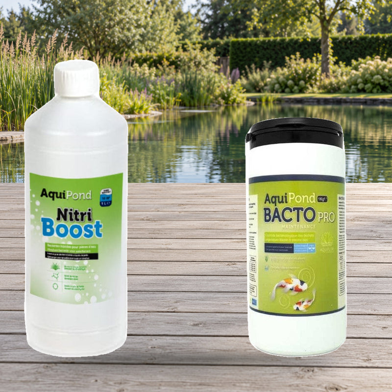 Mise en scène illustrative — Aquipond Starter Pack (Nitriboost & Bacto Maintenance) — Deux produits du pack, conditionnements indiqués sur les étiquettes