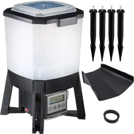 FOUDEBASSIN.COM Distributeur automatique de nourriture pour poissons - énergie solaire (batterie 2200 mAh), réservoir 6 l, taille aliments 3-10 mm, intervalle d'alimentation : 1 à 6 ration(s)/jour avec réglage jusqu'à 20 sec., distribution nourriture horizontale à 120? a 8711465561006 1356100