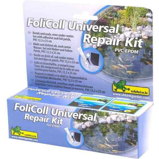 FOUDEBASSIN.COM FoliColl Universal PVC-EPDM / Repair Kit - colle ou colmate sous/hors l'eau pour bâches de bassin Aqualiner-PVC ou Aquaflexiliner-EPDM, surface de pose +/- 3m², exempt de solvants, isocyanates et silicone. Livré avec son patch prédécoupé (Aqualiner® PVC - 8711465391122 1339112