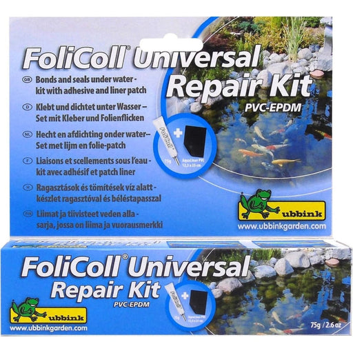 FOUDEBASSIN.COM FoliColl Universal PVC-EPDM / Repair Kit - colle ou colmate sous/hors l'eau pour bâches de bassin Aqualiner-PVC ou Aquaflexiliner-EPDM, surface de pose +/- 3m², exempt de solvants, isocyanates et silicone. Livré avec son patch prédécoupé (Aqualiner® PVC - 8711465391122 1339112