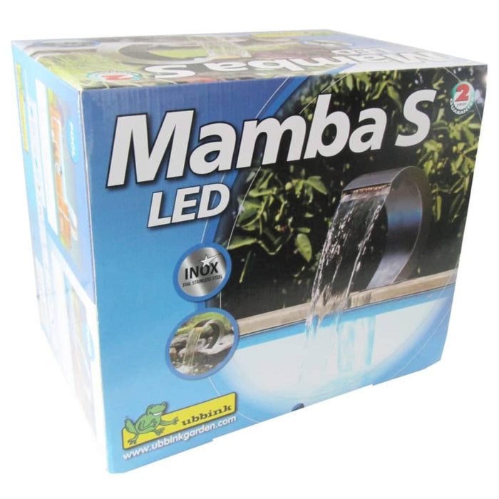 FOUDEBASSIN.COM MAMBA® S LED - cascade Etang & Piscine - inox 316L, incl. accessoires de raccordement 1" - LED strip 14 cm 1x9 blanc froid, transfo AC 12V/DE-06-12W, Lumen 60, EEK A+, 1 Watt - H24 x 27,5 x 13,5 cm 8711465046329 7504459