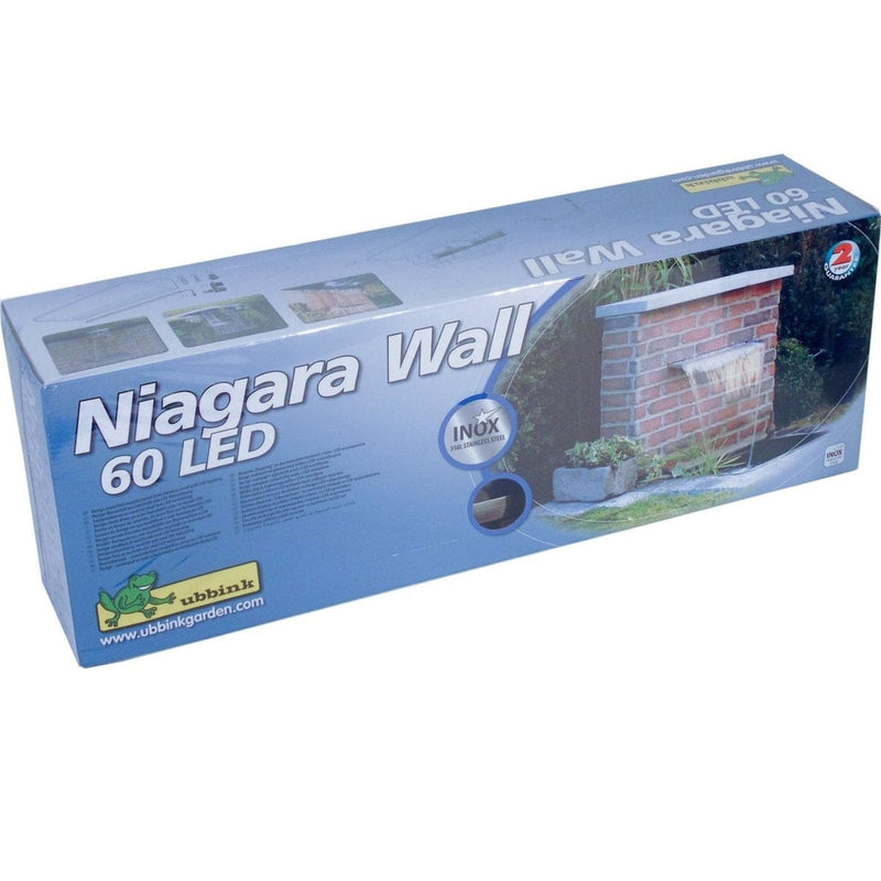 FOUDEBASSIN.COM Niagara® Wall 60 LED - lame d'eau - Inox 316L avec raccords filetés Ø25 mm/1" - LED strip 60 cm 1x35 blanc froid, transfo AC 12V/DE-06-12W, Lumen 240, EEK A+, 4 Watt - H10 x 60 x 20 cm 8711465121255 1312125
