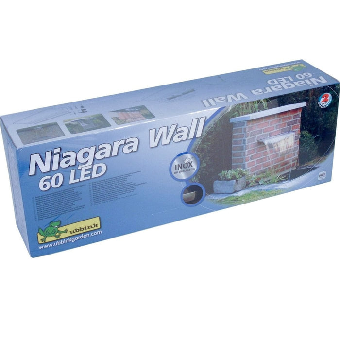FOUDEBASSIN.COM Niagara® Wall 60 LED - lame d'eau - Inox 316L avec raccords filetés Ø25 mm/1" - LED strip 60 cm 1x35 blanc froid, transfo AC 12V/DE-06-12W, Lumen 240, EEK A+, 4 Watt - H10 x 60 x 20 cm 8711465121255 1312125