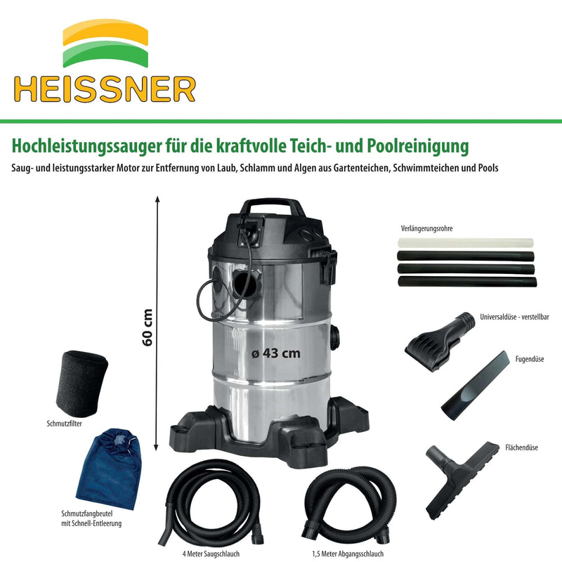Heissner Aspirateur de Boue de Bassin NON-STOP 1400 W en Acier Inoxydable 4006873428671 F638P-00