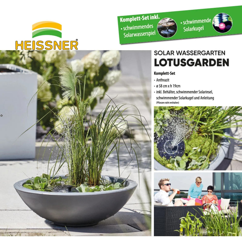 Heissner Bassin Solaire LOTUSGARDEN avec Pompe et Éclairage LED – Mini Bassin Décoratif pour Jardin, Terrasse et Balcon 4006873430346 015213-03-SL