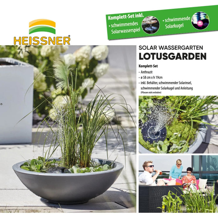 Heissner Bassin Solaire LOTUSGARDEN avec Pompe et Éclairage LED – Mini Bassin Décoratif pour Jardin, Terrasse et Balcon 4006873430346 015213-03-SL