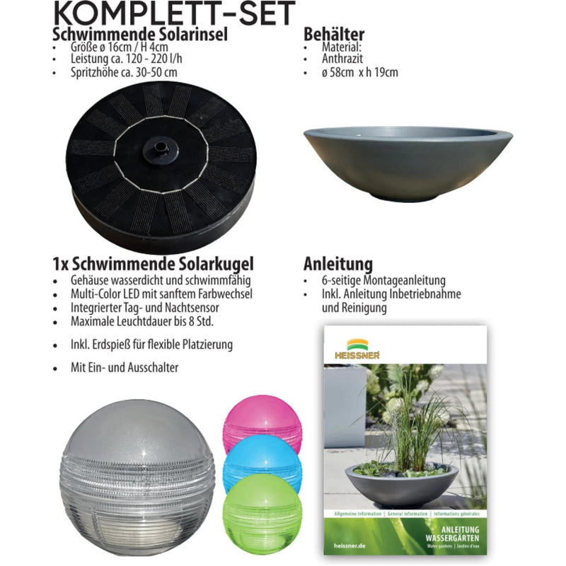 Heissner Bassin Solaire LOTUSGARDEN avec Pompe et Éclairage LED – Mini Bassin Décoratif pour Jardin, Terrasse et Balcon 4006873430346 015213-03-SL