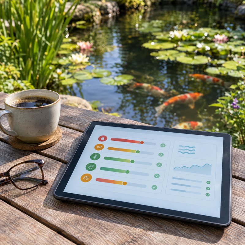 Rapport d'analyse d'eau de bassin consulté sur tablette au bord de l'étang