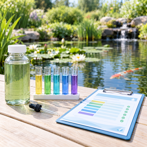 Analyse d'eau de bassin pro : échantillon d'eau d'étang, tubes de test et fiche d'analyse