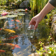Prélèvement d'un échantillon d'eau dans un bassin de koïs
