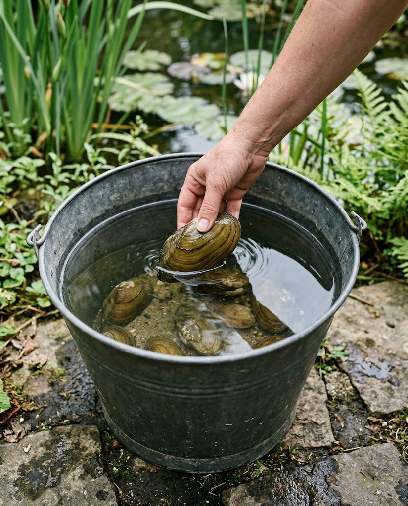 Moules anodontes en acclimatation dans un seau d’eau du bassin