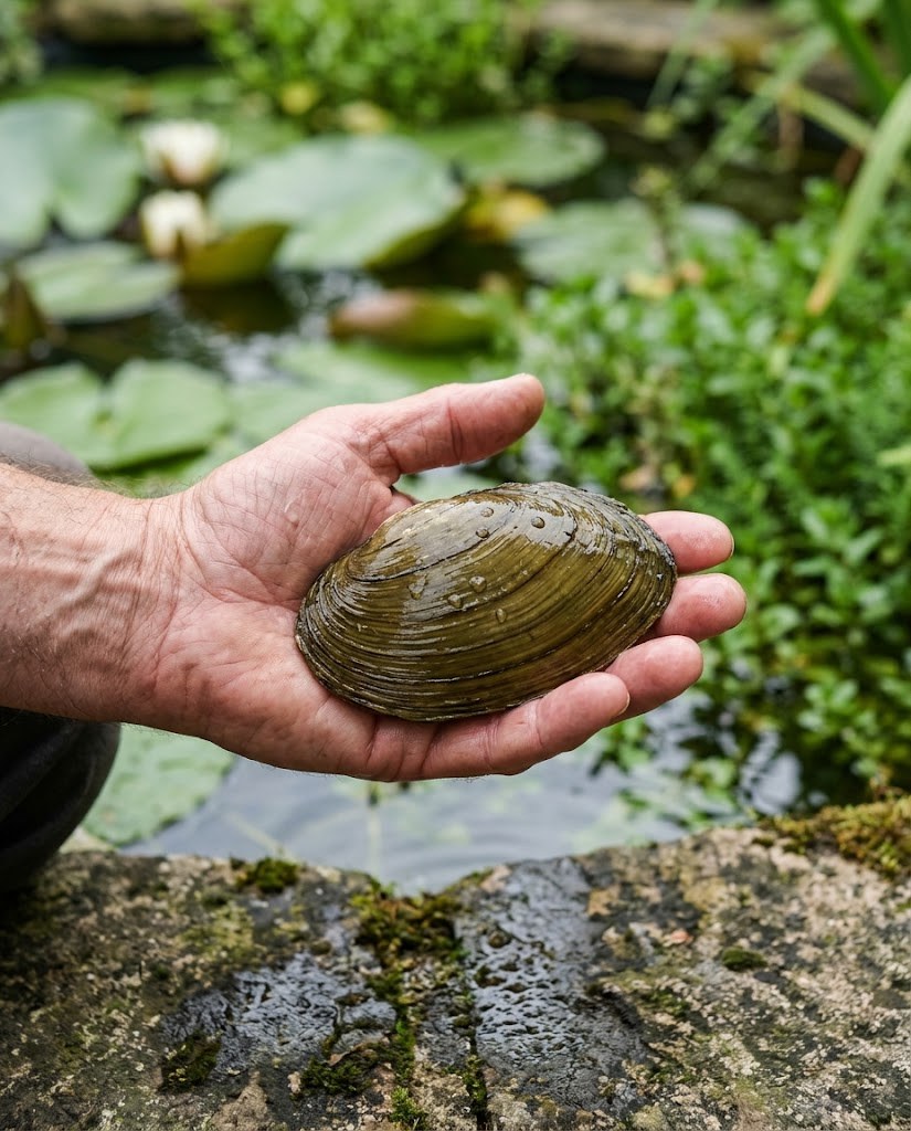 Moule anodonte tenue dans la main au bord d’un bassin