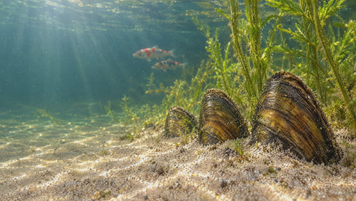 Moules anodontes enfouies dans le sable au fond d'un étang, koïs en arrière-plan