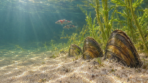 Moules anodontes enfouies dans le sable au fond d'un étang, koïs en arrière-plan