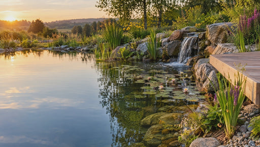 Bassin naturel terminé avec cascade au coucher du soleil