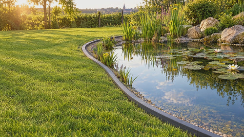 Bassin de jardin avec bordure Ecolat au coucher du soleil
